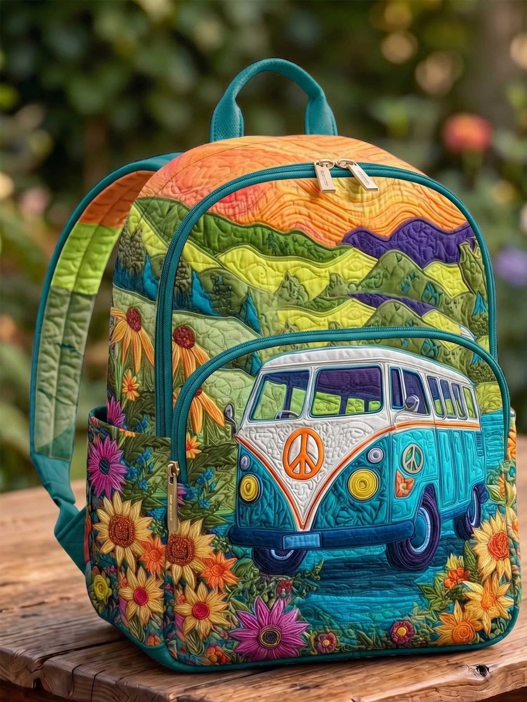 Sunflower & Mountain Landscape Quilted Backpack QV01