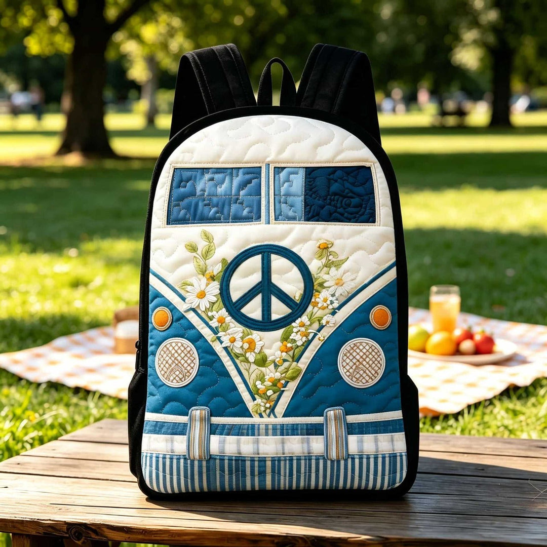 Retro Camper Bus Quilted Backpack With Black Strap QV10