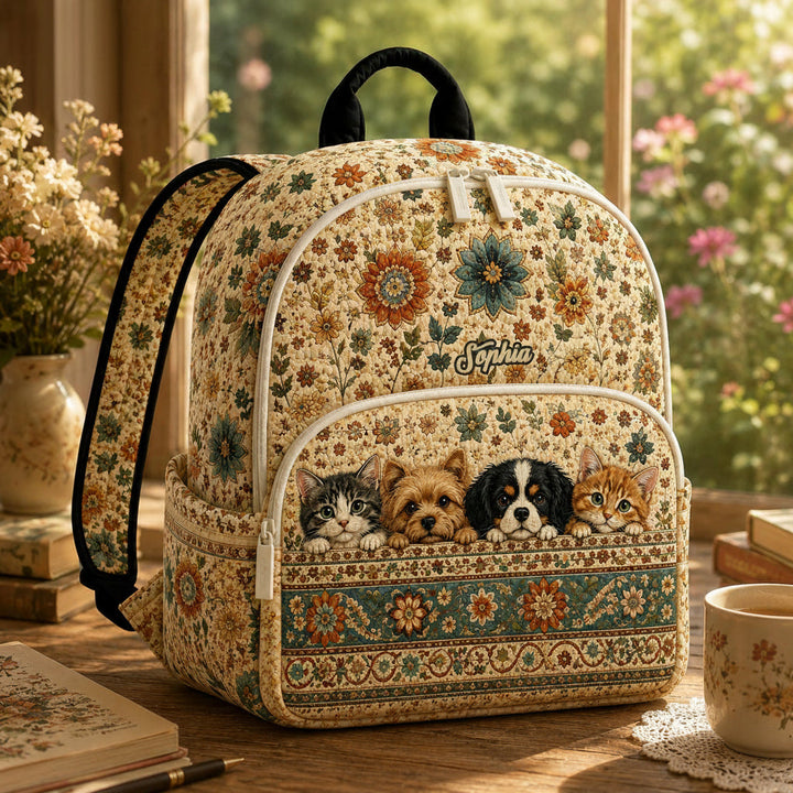 Boho Floral Pet Personalized Quilted Backpack TG16