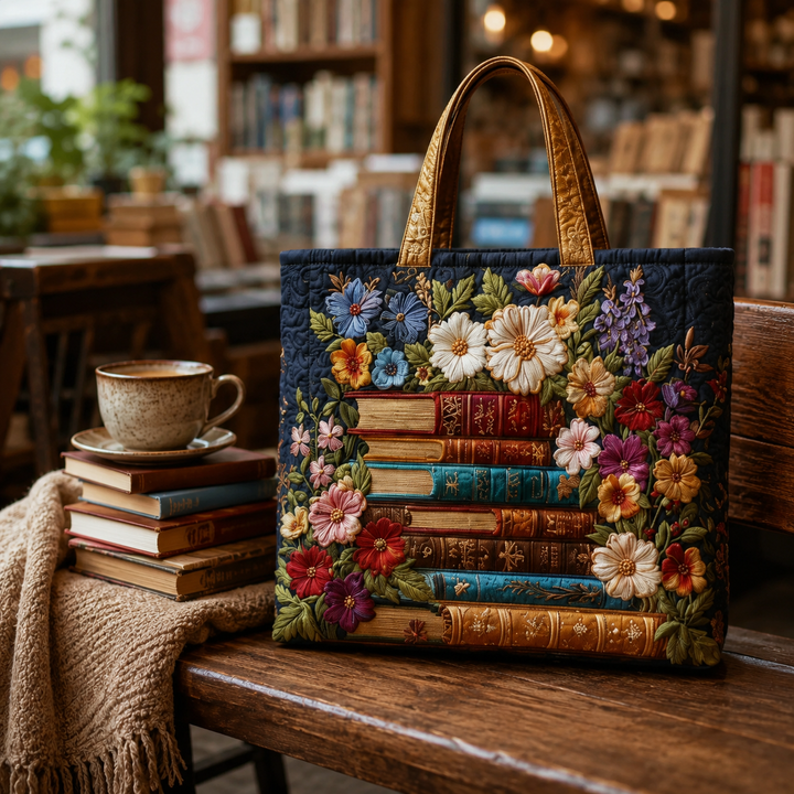 Floral Book-Themed Tote Bag