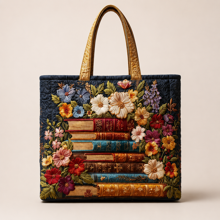 Floral Book-Themed Tote Bag