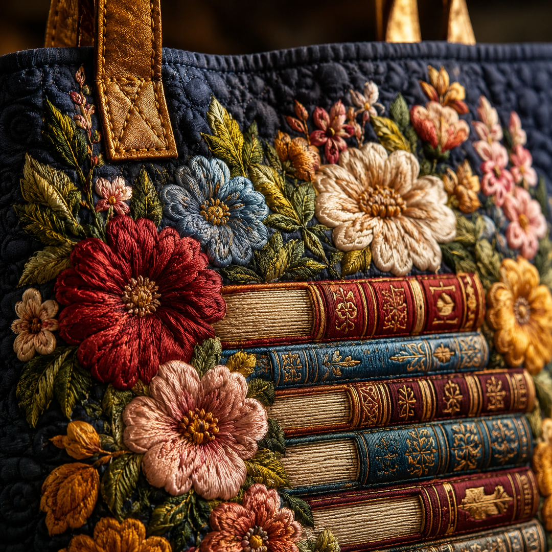 Floral Book-Themed Tote Bag