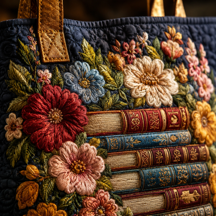 Floral Book-Themed Tote Bag